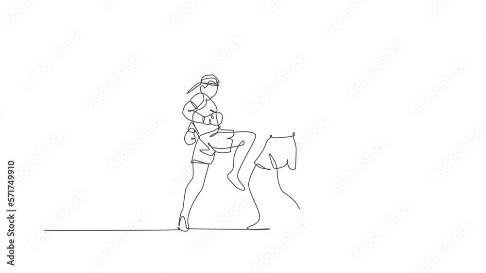 Animated self drawing of one continuous line draw two young sporty muay thai boxer men preparing to fight sparring at boxing arena. Fighting sport game concept. Full length single line animation. Animated self drawing of one continuous line draw two young sporty muay thai boxer men preparing to fight sparring at boxing arena. Fighting sport game concept. Full length single line animation.