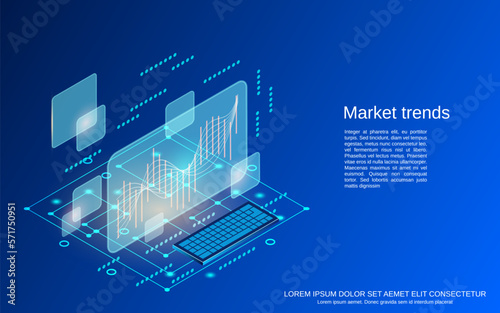 Market trends forecast, business analytics, financial statistics flat 3d isometric vector concept illustration