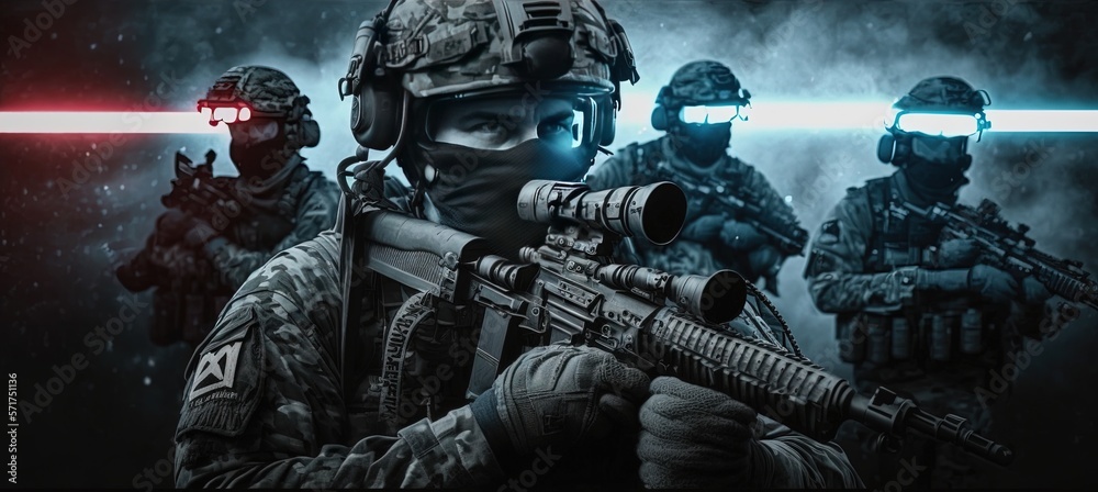 Fototapeta premium A group of soldiers on a background of smoke. The concept of military operations, military poster by ai generative