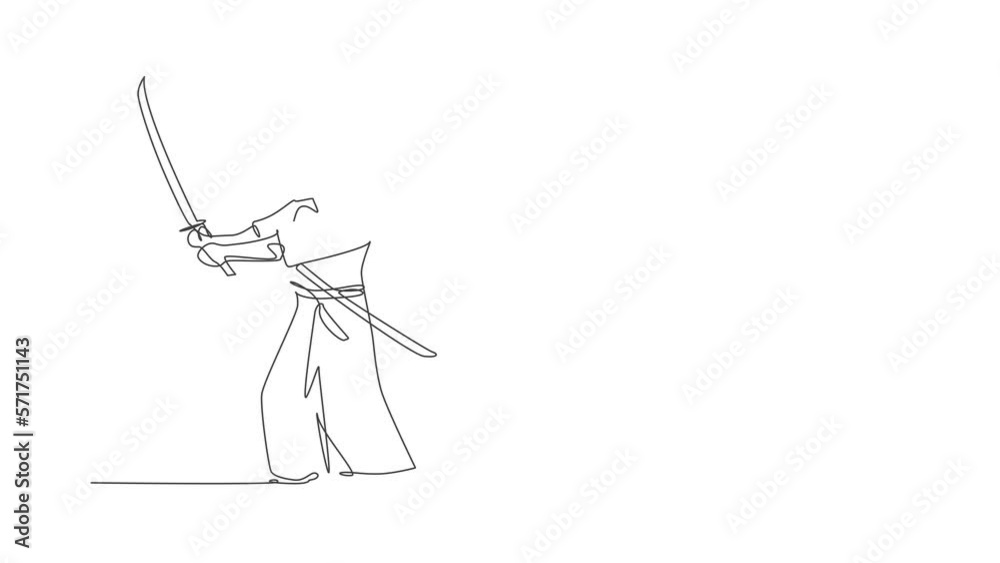 Animation of one line drawing of young Japanese samurai warrior holding katana sword practicing at dojo center. Combative martial art concept. Continuous line self draw animated. Full length motion. Animation of one line drawing of young Japanese samurai warrior holding katana sword practicing at dojo center. Combative martial art concept. Continuous line self draw animated. Full length motion.