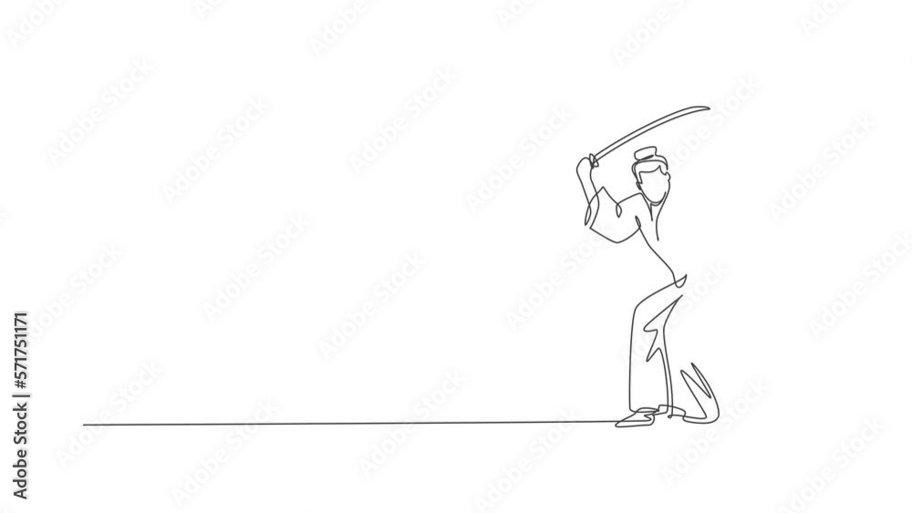 Animation of one line drawing of young Japanese samurai warrior holding katana sword practicing at dojo center. Combative martial art concept. Continuous line self draw animated. Full length motion. Animation of one line drawing of young Japanese samurai warrior holding katana sword practicing at dojo center. Combative martial art concept. Continuous line self draw animated. Full length motion.