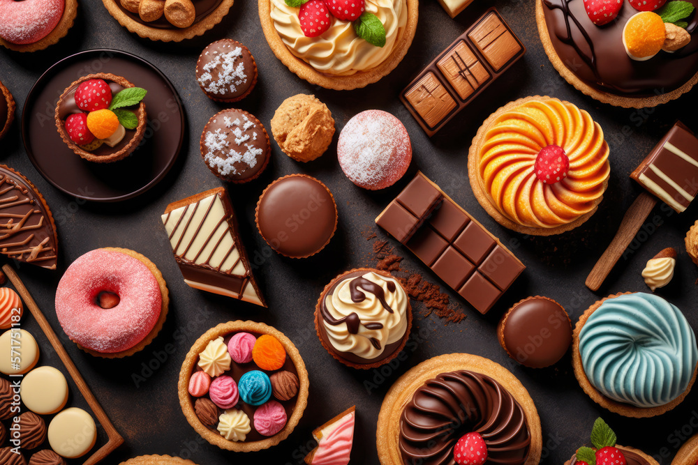 Delicious assortment of pastries and sweets arranged in a mouth-watering top view display, generative ai Delicious assortment of pastries and sweets arranged in a mouth-watering top view display, generative ai