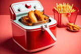 deep fryer with golden fried chicken tenders and crispy french fries on a red basket, generative ai