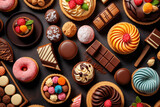 Delicious assortment of pastries and sweets arranged in a mouth-watering top view display, generative ai