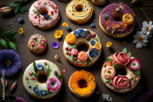 Decorated donuts with flowers and fruit toppings, generative ai