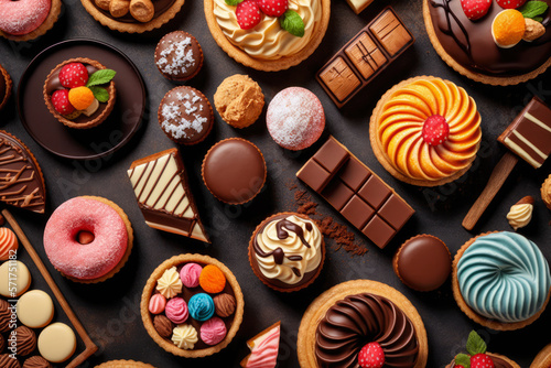 Delicious assortment of pastries and sweets arranged in a mouth-watering top view display, generative ai
