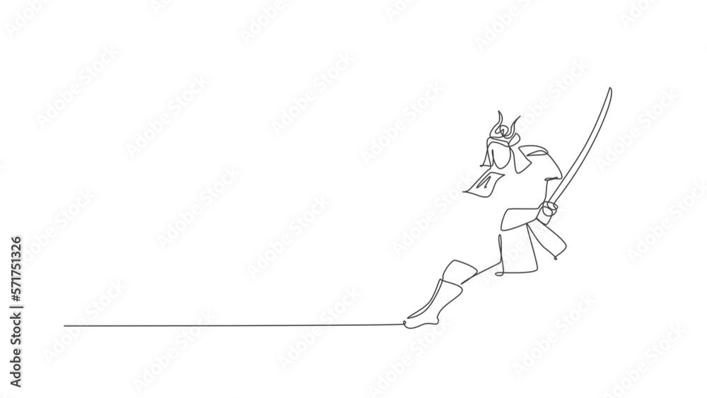 Animated self drawing of one continuous line draw young bravery samurai shogun wearing mask ready to attack at training session. Martial art combative sport concept. Full length single line animation.