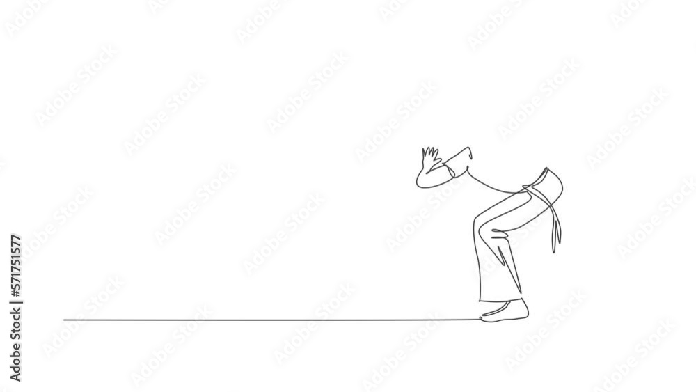 Animated self drawing of single continuous line draw young sportive man practice Brazilian capoeira move dance at outdoor street. Culture martial art and sport concept. Full length one line animation.