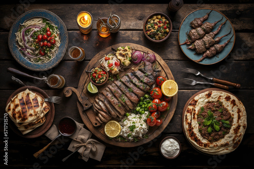 Middle eastern, arabic or mediterranean dinner table with grilled lamb kebab, chicken skewers with roasted vegetables and appetizers variety serving on rustic outdoor table, generative AI