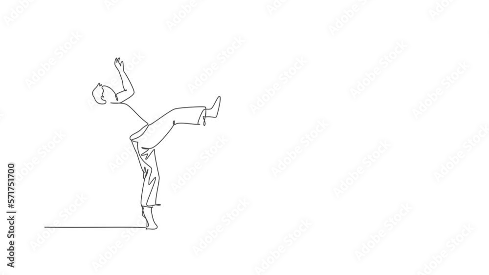 Animated self drawing of one continuous line draw young sporty Brazilian fighter man training capoeira on the beach. Healthy traditional fighting sport concept. Full length single line animation. Animated self drawing of one continuous line draw young sporty Brazilian fighter man training capoeira on the beach. Healthy traditional fighting sport concept. Full length single line animation.
