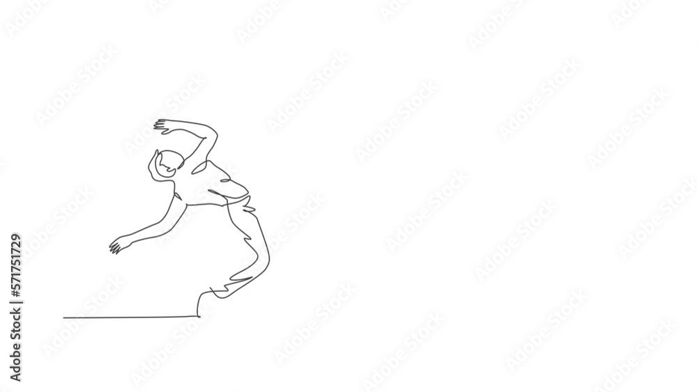 Animation of one line drawing of young energetic man capoeira dancer perform dancing fight. Traditional martial art lifestyle sport concept. Continuous line self draw animated. Full length motion. Animation of one line drawing of young energetic man capoeira dancer perform dancing fight. Traditional martial art lifestyle sport concept. Continuous line self draw animated. Full length motion.