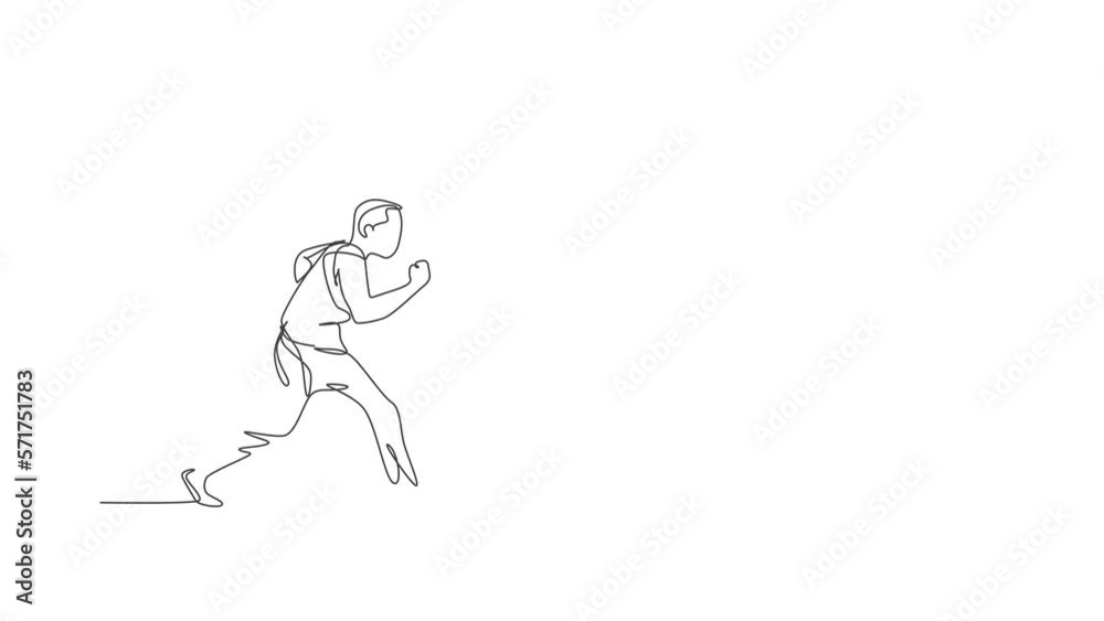 Animated self drawing of one continuous line draw young sporty Brazilian fighter man training capoeira on the beach. Healthy traditional fighting sport concept. Full length single line animation. Animated self drawing of one continuous line draw young sporty Brazilian fighter man training capoeira on the beach. Healthy traditional fighting sport concept. Full length single line animation.