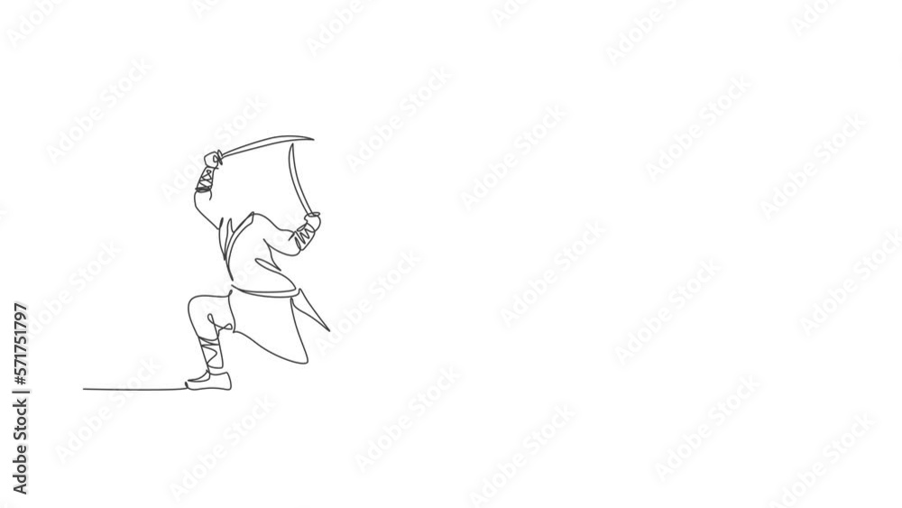 Animated self drawing of one continuous line draw young shaolin monk man practice kung fu with swords at temple ground . Traditional Chinese combative sport concept. Full length single line animation. Animated self drawing of one continuous line draw young shaolin monk man practice kung fu with swords at temple ground . Traditional Chinese combative sport concept. Full length single line animation.