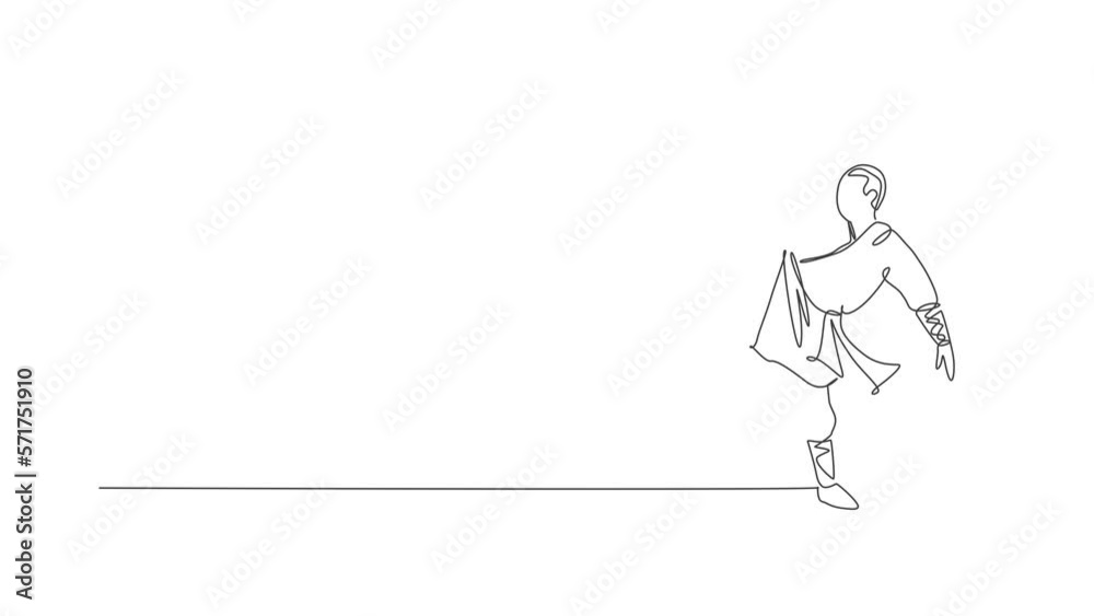 Animation of one line drawing young energetic shaolin monk man exercise kung fu fighting at temple. Ancient Chinese martial art sport concept. Continuous line self draw animated. Full length motion. Animation of one line drawing young energetic shaolin monk man exercise kung fu fighting at temple. Ancient Chinese martial art sport concept. Continuous line self draw animated. Full length motion.