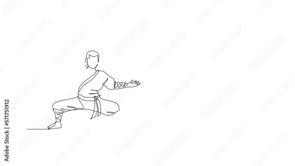 Animated self drawing of one continuous line draw young shaolin monk man practice kung fu style at temple ground . Traditional Chinese combative sport concept. Full length single line animation. Animated self drawing of one continuous line draw young shaolin monk man practice kung fu style at temple ground . Traditional Chinese combative sport concept. Full length single line animation.