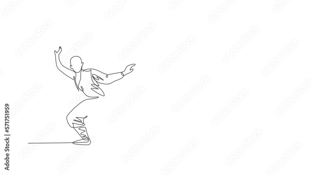 Animated self drawing of single continuous line draw young muscular shaolin monk man train martial art at shaolin temple. Traditional Chinese kung fu fight concept. Full length one line animation.