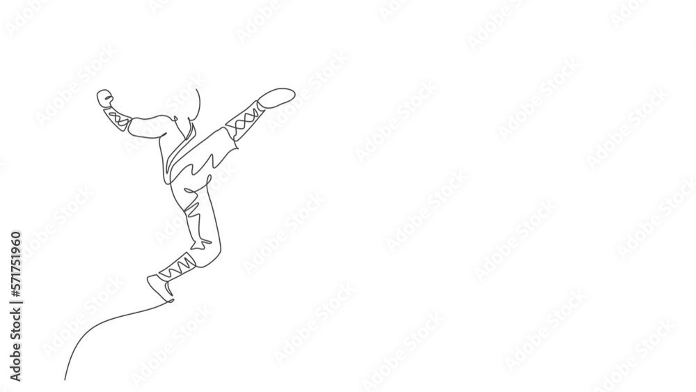 Animated self drawing of single continuous line draw young muscular shaolin monk man train jumping kick at shaolin temple. Traditional Chinese kung fu fight concept. Full length one line animation. Animated self drawing of single continuous line draw young muscular shaolin monk man train jumping kick at shaolin temple. Traditional Chinese kung fu fight concept. Full length one line animation.