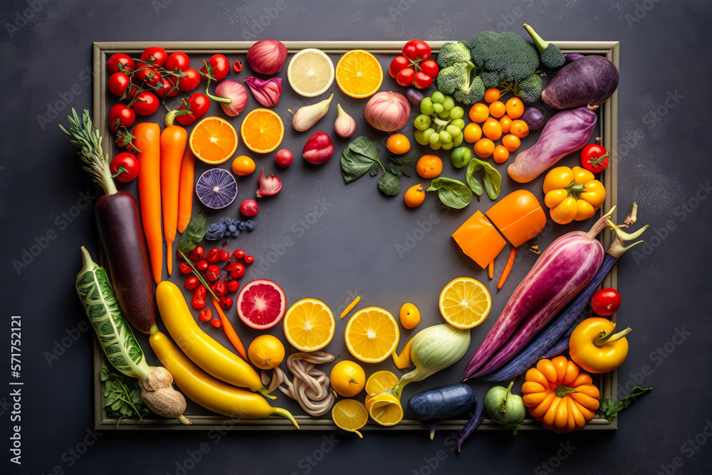 symmetrical arrangement of colorful vegetables on a gray concrete background, highlighting the beauty and simplicity of fresh, organic produce, generative ai
