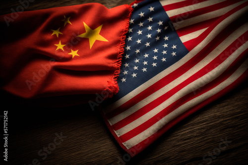 Fototapeta Naklejka Na Ścianę i Meble -  Flag of China and Flag of United States USA, Symbol of China and Americans. Concept: conflicts, politics, national security, relations, diplomacy, negotiations, interests and investigations.