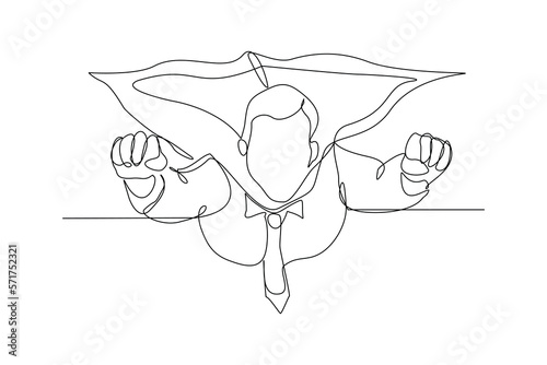 Continuous single one line drawing of flying business super hero man. Vector illustration concept of power employee, success achievement, business hero leader.