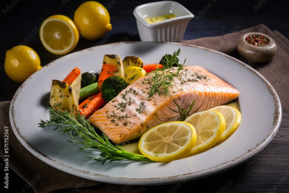 plate of grilled salmon with lemon and herbs, accompanied by steamed vegetables, generative ai plate of grilled salmon with lemon and herbs, accompanied by steamed vegetables, generative ai