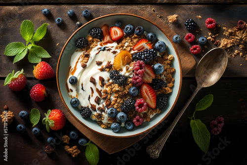 Foto overhead healthy breakfast bowl filled with greek yogurt, fresh berries, and cru