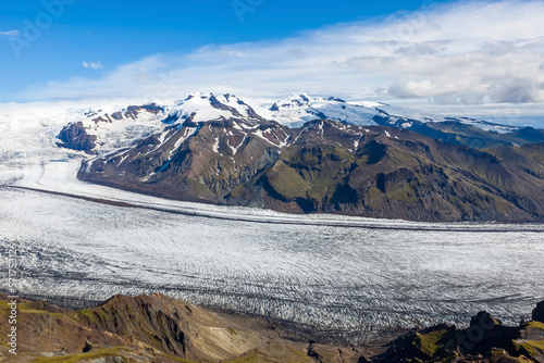 Hvannadalshnjukur mountain and Vatnajokull glacier view from the top of Kristinartindar mount in Iceland. Beautiful nordic landscape in Skaftafell national park in Southern Iceland.