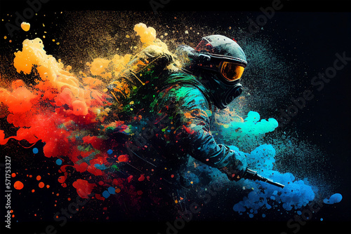 Paintball player running through a colourful paint cloud. Generative AI