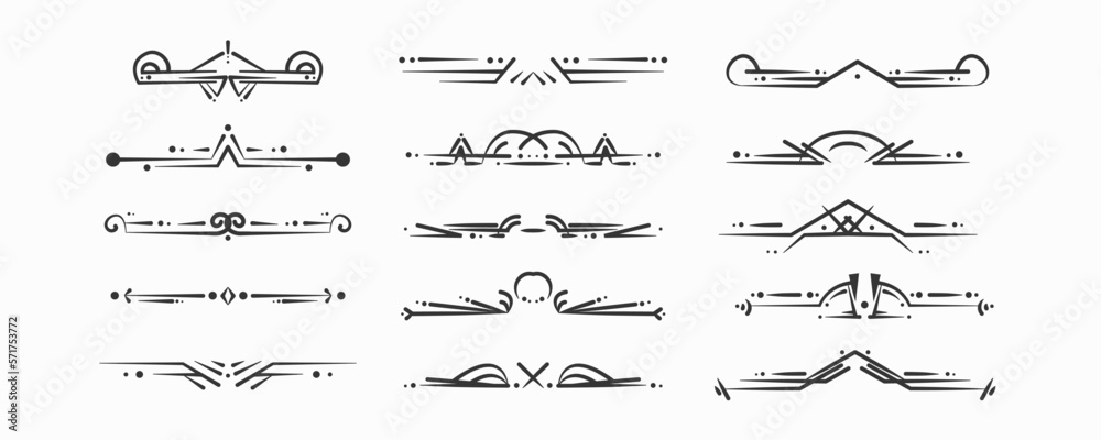 Art deco dividers and decorative headers. Victorian book and interior ornament. Vector flat-style cartoon art deco illustration on White background