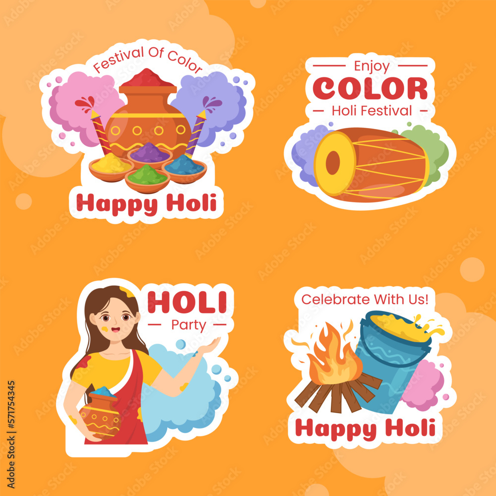 Happy Holi Festival Label Flat Cartoon Hand Drawn Templates Illustration Happy Holi Festival Label Flat Cartoon Hand Drawn Templates Illustration