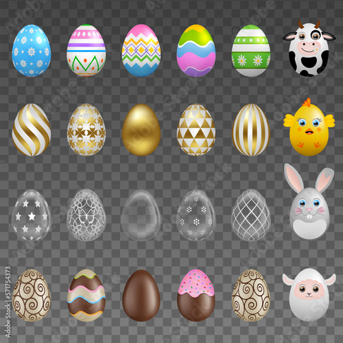 set of different types of easter eggs. collection of isolated easter eggs: chocolate eggs, gold eggs, decorated eggs and egg shaped animals
