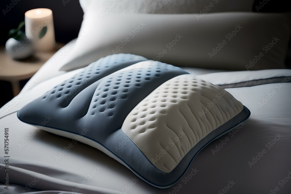 close-up shot of an ergonomic pillow with focus on its unique shape and design on a bed (AI Generated)