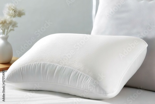 close-up shot of an ergonomic pillow with focus on its unique shape and design on a bed (AI Generated)