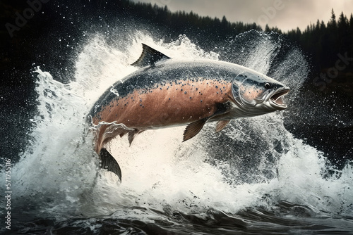 salmon fish jumping out of river water made by generative ai photo
