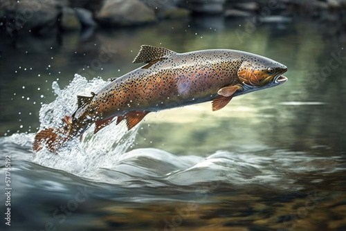 trout fish jumping out of river water made by generative ai