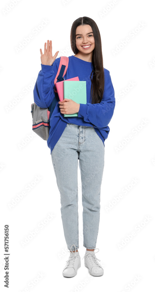 Teenage girl with backpack and textbooks on white background Teenage girl with backpack and textbooks on white background
