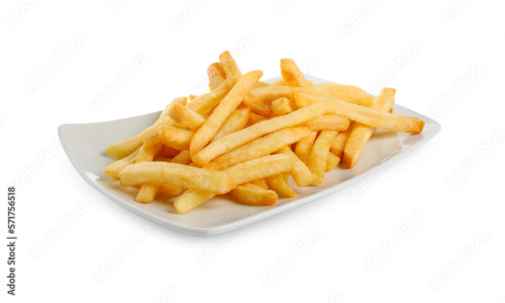 Plate of tasty French fries on white background Plate of tasty French fries on white background