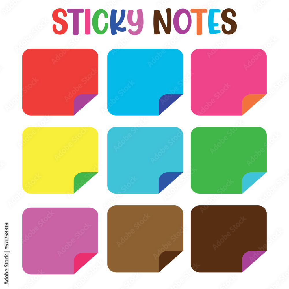 Collection of different colored sheets of note papers with curled corner, ready for your message. Realistic vector illustration. Isolated on white background. Front view. Close up. Set.eps Collection of different colored sheets of note papers with curled corner, ready for your message. Realistic vector illustration. Isolated on white background. Front view. Close up. Set.eps