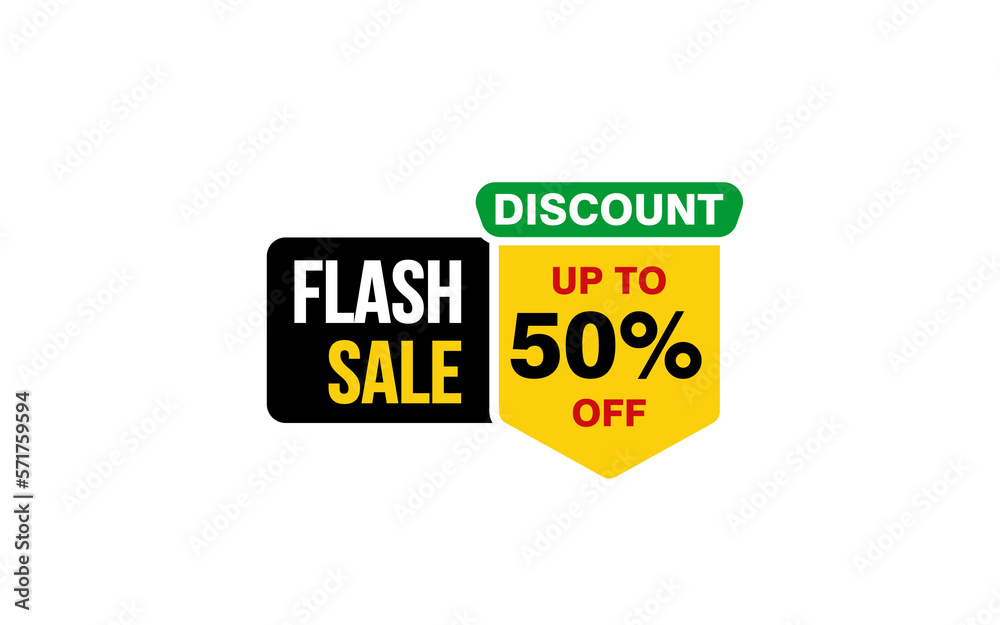 50 Percent FLASH SALE offer, clearance, promotion banner layout with sticker style. 
