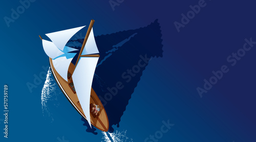A solitary man sitting on a boat, alone in the deep blue sea, top view, The browser, his sailing ship and the sea