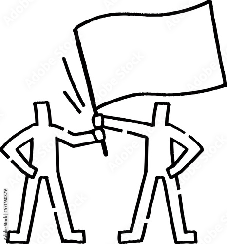旗を振る2人の棒人間。手描きのベクターデータ。