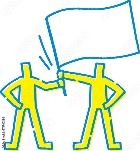 旗を振る2人の棒人間。手描きのベクターデータ。