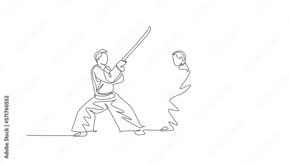 Animation of one line drawing of man wearing kimono exercise aikido fight with wooden sword in sports hall. Healthy lifestyle sport concept. Continuous line self draw animated. Full length motion. Animation of one line drawing of man wearing kimono exercise aikido fight with wooden sword in sports hall. Healthy lifestyle sport concept. Continuous line self draw animated. Full length motion.