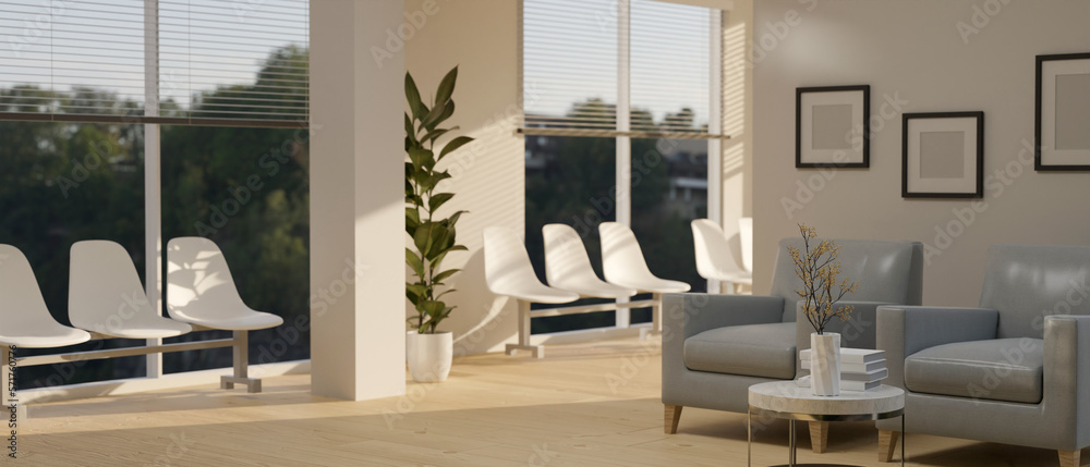 Modern and comfortable waiting room or office lounge interior design with waiting seats