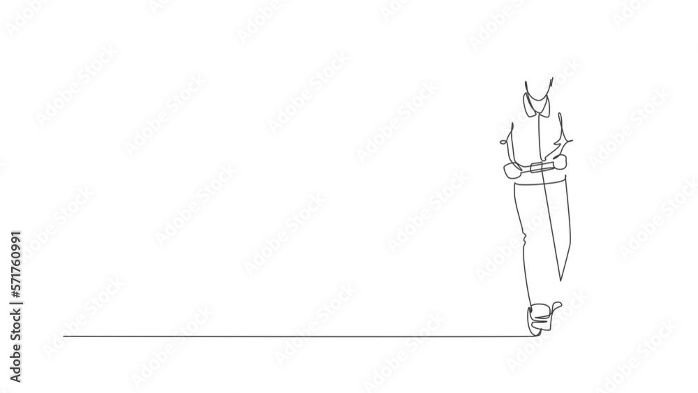 Animated self drawing of one continuous line draw worker man stand and ride electric scooter at outdoor park. Green transportation. Future urban lifestyle concept. Full length single line animation. Animated self drawing of one continuous line draw worker man stand and ride electric scooter at outdoor park. Green transportation. Future urban lifestyle concept. Full length single line animation.
