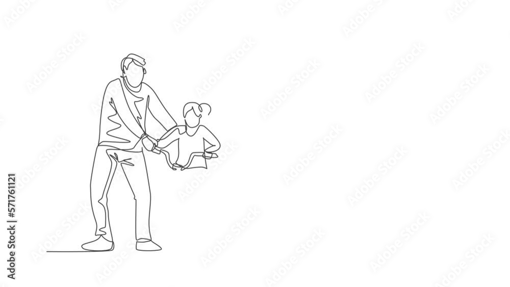 Animated self drawing of one continuous line draw young father help his daughter learning to ride a bicycle at countryside together. Parenthood lesson concept. Full length single line animation. Animated self drawing of one continuous line draw young father help his daughter learning to ride a bicycle at countryside together. Parenthood lesson concept. Full length single line animation.