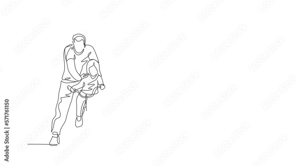 Animated self drawing of continuous line draw young kids girl learning ride bicycle with father at outdoor park. Parenthood lesson. Family time concept. Full length one line animation illustration. Animated self drawing of continuous line draw young kids girl learning ride bicycle with father at outdoor park. Parenthood lesson. Family time concept. Full length one line animation illustration.