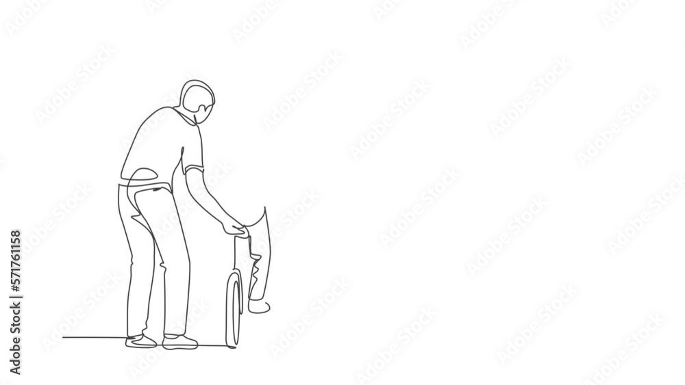 Animation of one line drawing of young father teaching his son riding bicycle at public park. Fatherhood lesson. Urban family time concept. Continuous line self draw animated. Full length motion. Animation of one line drawing of young father teaching his son riding bicycle at public park. Fatherhood lesson. Urban family time concept. Continuous line self draw animated. Full length motion.