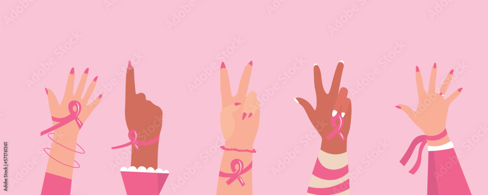 Female hands with pink ribbons on color background. Breast cancer awareness Female hands with pink ribbons on color background. Breast cancer awareness