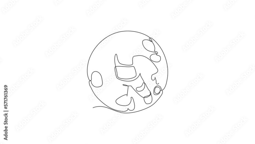 Animated self drawing of single continuous line draw floating science astronaut in spacewalk flying against full moon. Fantasy deep space exploration, fiction concept. Full length one line animation. Animated self drawing of single continuous line draw floating science astronaut in spacewalk flying against full moon. Fantasy deep space exploration, fiction concept. Full length one line animation.